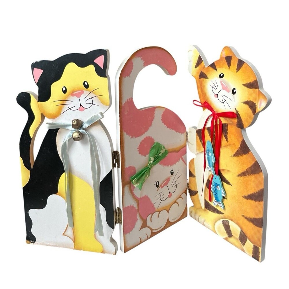 Vintage Wooden Cat Decor 3 Painted Cats Hinged Panel Screen 15-1/2 x 10-1/2"